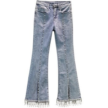 Γυναικείο παντελόνι με ψηλόμεσο Stretch Pearl Denim Άνοιξη 2023 Νέο Γυναικείο τζιν με διαμάντια με καρφώματα με λεπτή εφαρμογή