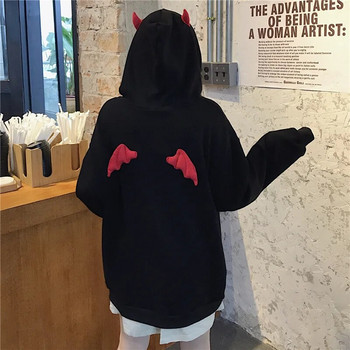 Harajuku Hoodies Girl Little Devil Horns Gothic φούτερ με κουκούλα Γυναικείες φτερούγες με δαίμονες Fly Loose πουλόβερ Μπλούζες τσέπης Streetwear