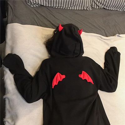 Hanorace Harajuku pentru fetiță, coarne de diavol, hanorace gotice cu glugă, aripi de demon, pulovere largi, topuri de buzunar, îmbrăcăminte de stradă