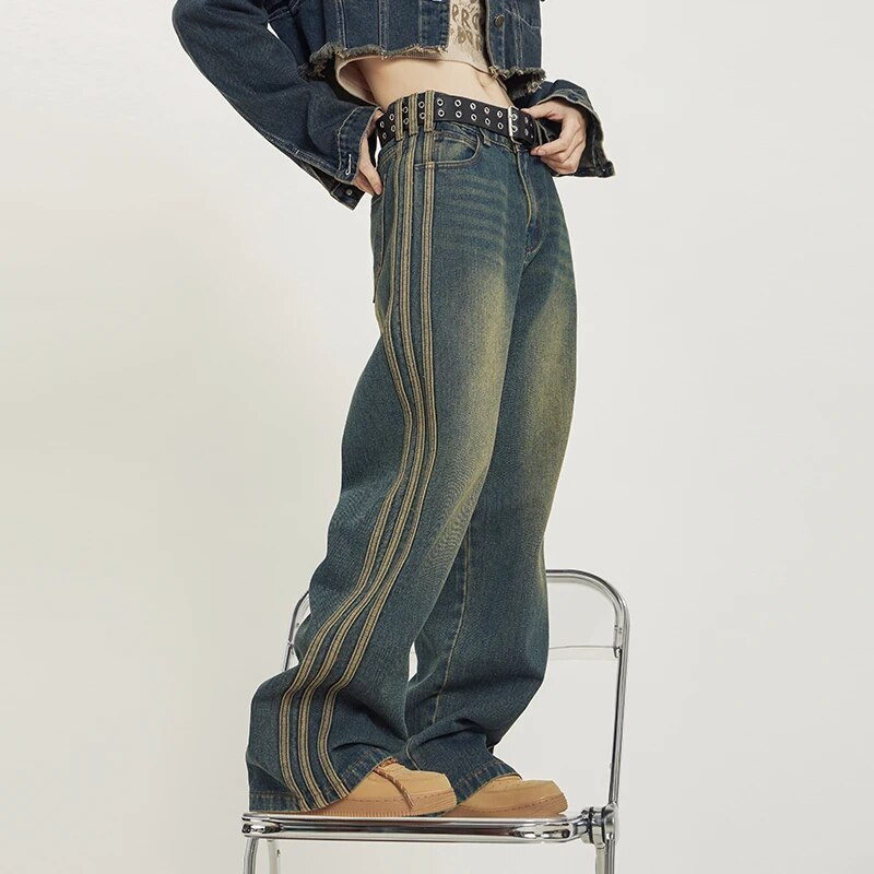 Retro džínsy s vysokým pásom v pouličnom štýle, kórejský štýl, modré džínsy so širokými nohavicami, voľné džínsy Y2K