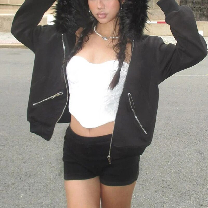 Gotic Guler de blană artificială, cu glugă, cu fermoar, buzunare gotice, grunge, jachete negre de toamnă, pentru femei, Y2k, Streetwear, cardigane egirl