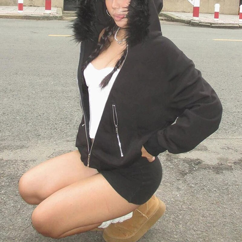 Gotic Guler de blană artificială, cu glugă, cu fermoar, buzunare gotice, grunge, jachete negre de toamnă, pentru femei, Y2k, Streetwear, cardigane egirl