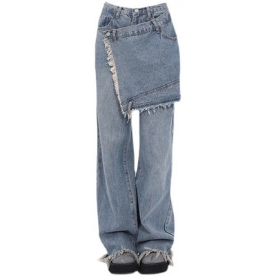 Vintage συνονθύλευμα ψηλόμεσο ψηλό φούντες μπλε ίσιο τζιν παντελόνι Κορεατικής μόδας Γυναικείο φαρδύ παντελόνι τζιν Y2K