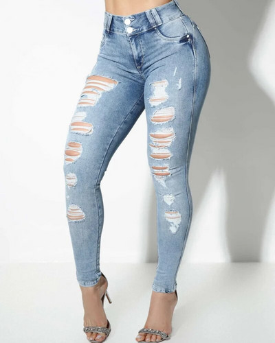 2024 Blugi rupti albastru deschis pentru femei Pantaloni skinny din denim Push Up Fashion Streetwear Toamna Iarna Pantaloni versatili Slim Fit