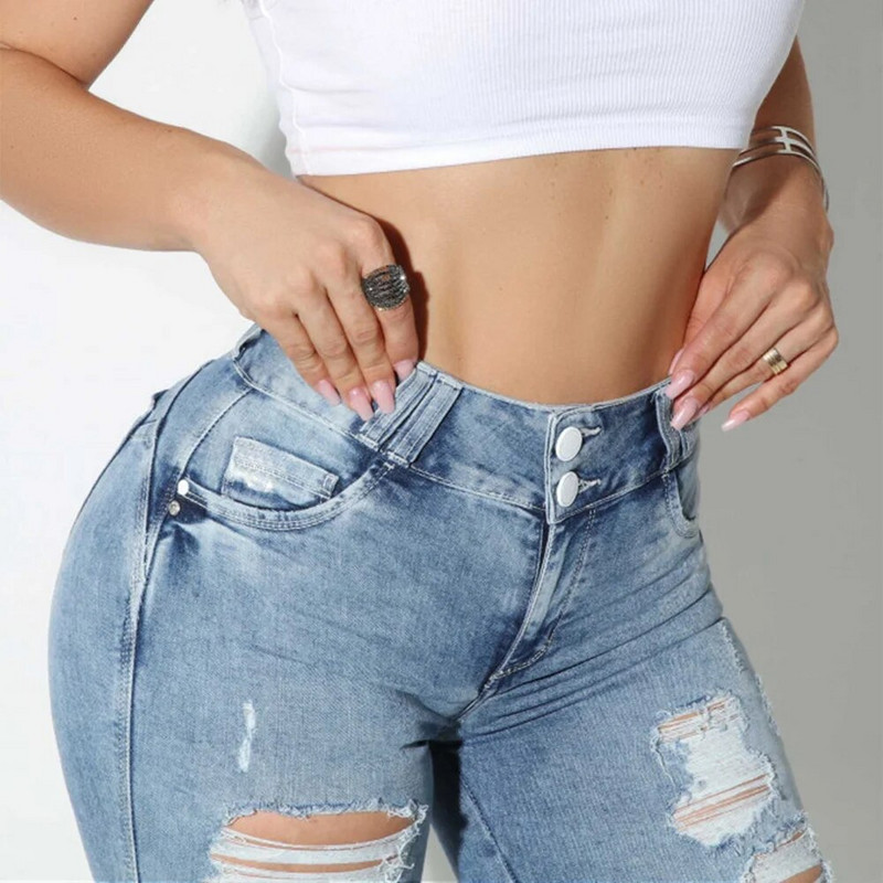 2024 Blugi rupti albastru deschis pentru femei Pantaloni skinny din denim Push Up Fashion Streetwear Toamna Iarna Pantaloni versatili Slim Fit