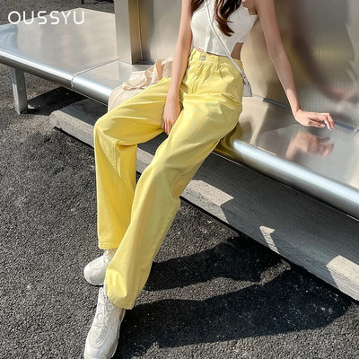 Дамски дънки Streetwear Прави едноцветни панталони с висока талия Baggy Fashion Girl Student Корейски жълти широки дънкови панталони