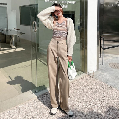 Dámske džínsy Streetwear rovné jednofarebné nohavice s vysokým pásom, vrecovité dievčenské študentské nohavice v kórejskej žltej farbe s širokými nohavicami