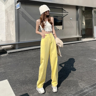 Dámske džínsy Streetwear rovné jednofarebné nohavice s vysokým pásom, vrecovité dievčenské študentské nohavice v kórejskej žltej farbe s širokými nohavicami