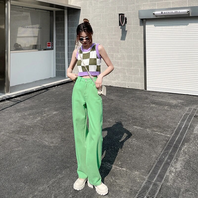 Dámske džínsy Streetwear rovné jednofarebné nohavice s vysokým pásom, vrecovité dievčenské študentské nohavice v kórejskej žltej farbe s širokými nohavicami