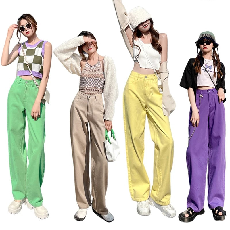 Dámske džínsy Streetwear rovné jednofarebné nohavice s vysokým pásom, vrecovité dievčenské študentské nohavice v kórejskej žltej farbe s širokými nohavicami