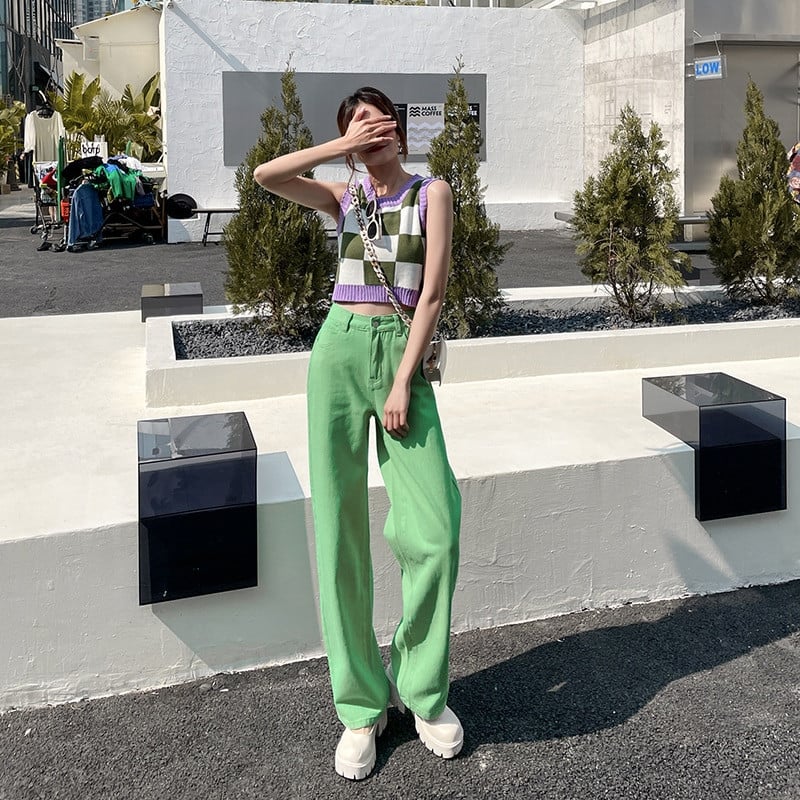 Dámske džínsy Streetwear rovné jednofarebné nohavice s vysokým pásom, vrecovité dievčenské študentské nohavice v kórejskej žltej farbe s širokými nohavicami