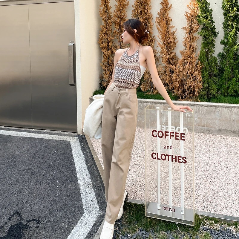 Dámske džínsy Streetwear rovné jednofarebné nohavice s vysokým pásom, vrecovité dievčenské študentské nohavice v kórejskej žltej farbe s širokými nohavicami