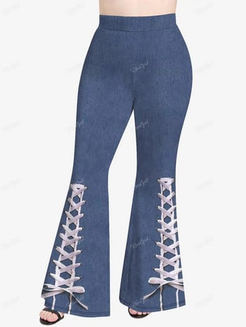 ROSEGAL Plus Size 3D Jeans Print Flare Παντελόνι Γυναικείο Άνοιξη, Καλοκαίρι Ελαστική μέση Casual Παντελόνι Mujer XS-5X Streetwear με καμπάνα