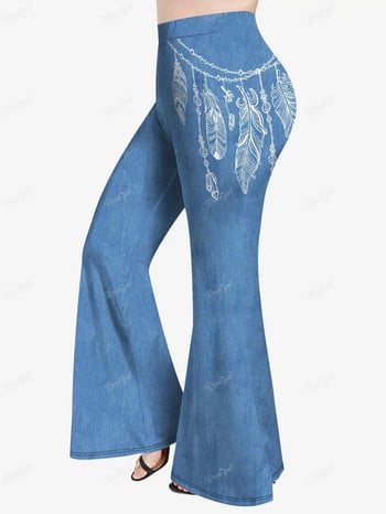 ROSEGAL Plus Size 3D Jeans Print Flare Παντελόνι Γυναικείο Άνοιξη, Καλοκαίρι Ελαστική μέση Casual Παντελόνι Mujer XS-5X Streetwear με καμπάνα