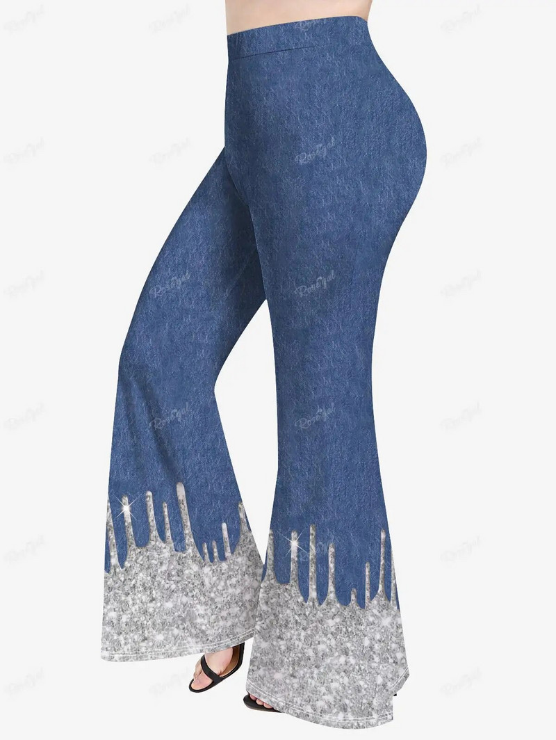 ROSEGAL Jeans 3D de mărime mare, pantaloni evazați cu imprimeu, femei, primăvară, vară, cu talie elastică, pantaloni casual, pentru femei XS-5X, îmbrăcăminte de stradă, fund cu clopoței