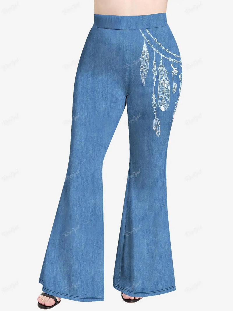 ROSEGAL Jeans 3D de mărime mare, pantaloni evazați cu imprimeu, femei, primăvară, vară, cu talie elastică, pantaloni casual, pentru femei XS-5X, îmbrăcăminte de stradă, fund cu clopoței
