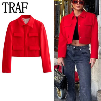 TRAF 2023 Cropped Red Blazer Γυναικείο Vintage Κομψό και Κομψό Γυναικείο Μπουφάν Μακρυμάνικο Κοντό Παλτό Γυναικείο Φθινοπωρινό μπουφάν