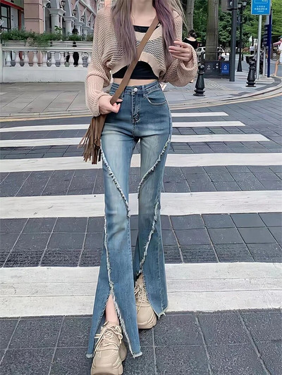 Dámske elegantné, šik retro džínsy s vysokým pásom a rozparkom Dongdaemun z roku 2023, s raw edge a širokými nohavicami