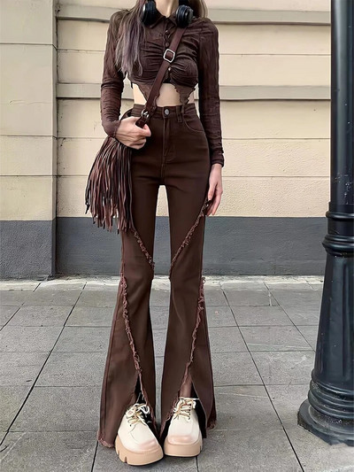 Dámske elegantné, šik retro džínsy s vysokým pásom a rozparkom Dongdaemun z roku 2023, s raw edge a širokými nohavicami