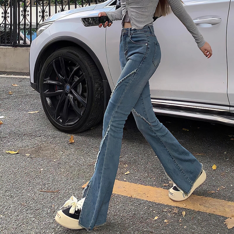 Dámske elegantné, šik retro džínsy s vysokým pásom a rozparkom Dongdaemun z roku 2023, s raw edge a širokými nohavicami