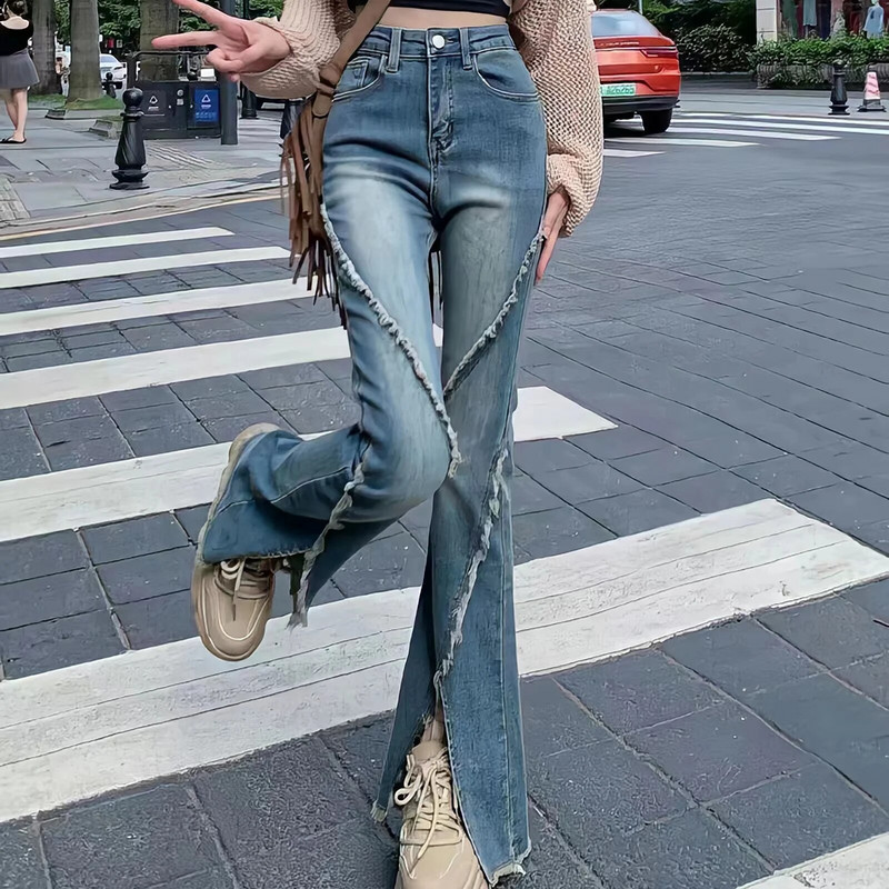 Dámske elegantné, šik retro džínsy s vysokým pásom a rozparkom Dongdaemun z roku 2023, s raw edge a širokými nohavicami
