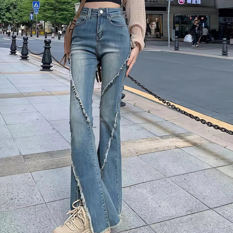 Dámske elegantné, šik retro džínsy s vysokým pásom a rozparkom Dongdaemun z roku 2023, s raw edge a širokými nohavicami