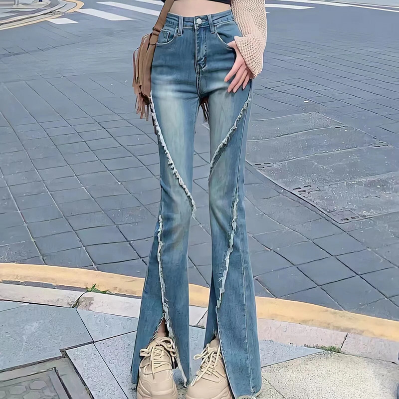 Dámske elegantné, šik retro džínsy s vysokým pásom a rozparkom Dongdaemun z roku 2023, s raw edge a širokými nohavicami