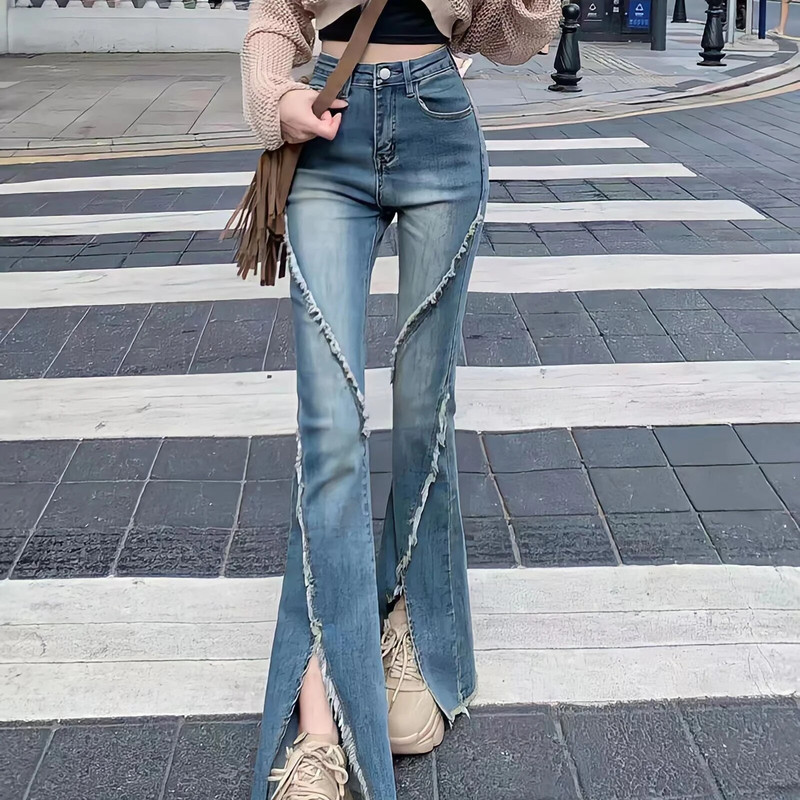 Dámske elegantné, šik retro džínsy s vysokým pásom a rozparkom Dongdaemun z roku 2023, s raw edge a širokými nohavicami