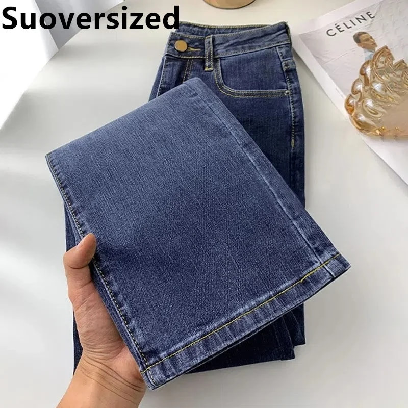 Blugi drepți cu talie înaltă de damă, de primăvară, ocazional, până la glezne, pantaloni din denim coreeani, îmbrăcăminte de stradă, stretch Vaqueros