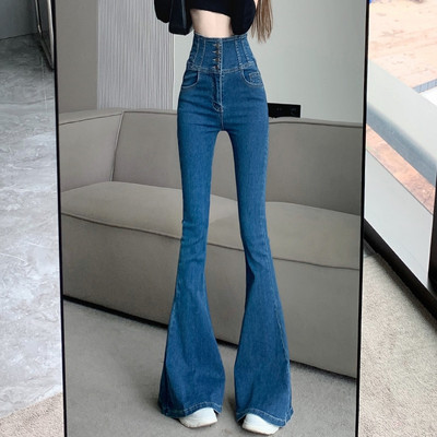 Едноредни дънки с висока талия и кльощави за жени Пролет Есен High Street Slim Boot Cut Denim Панталони Дамски дънки Fishtail