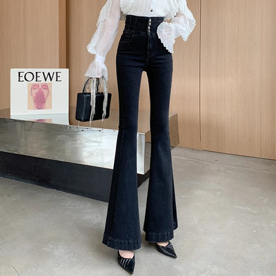 Traperice s širokim kopčanjem visokog struka za žene proljeće jesen High Street Slim Boot Cut traper hlače Ženske traperice s ribljim repom