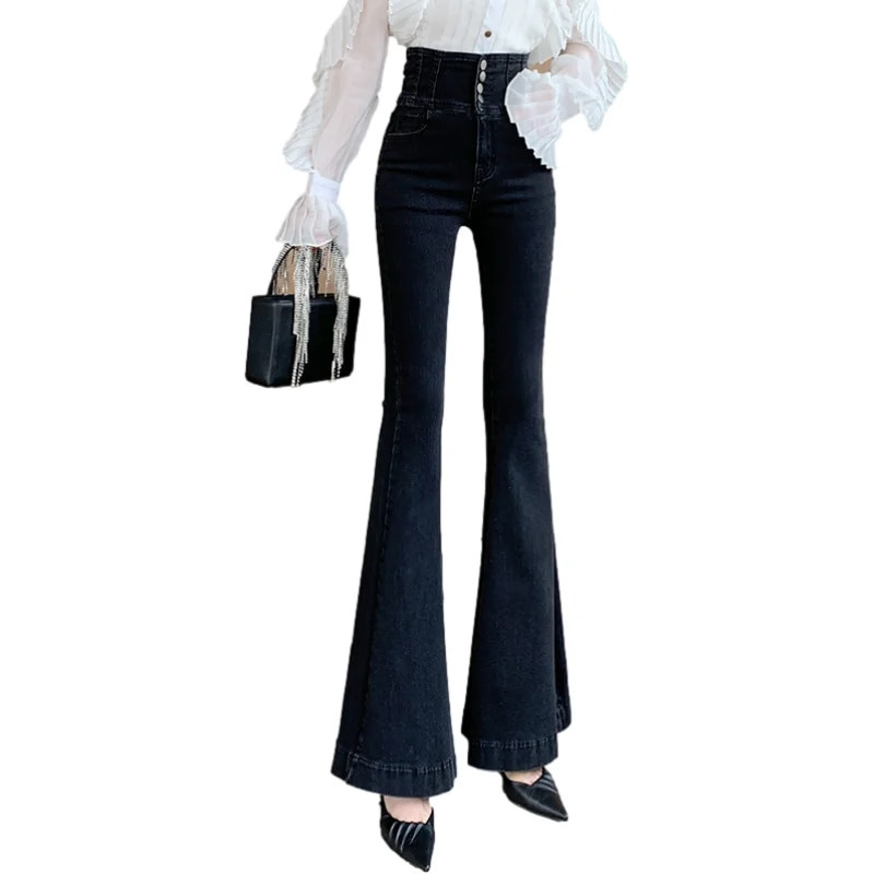 Dámske jednoradové džínsy s vysokým pásom, jar a jeseň, úzke džínsy s boot cutom, dámske džínsy s rybím chvostom