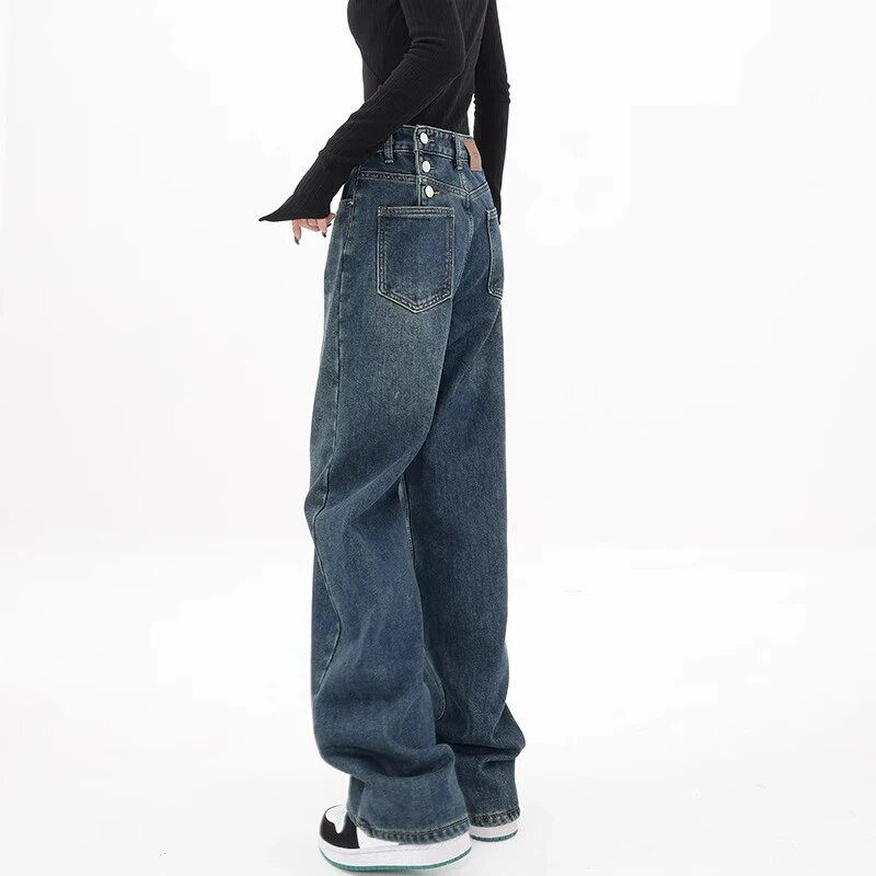 Pantaloni de blugi albaștri Blugi largi pentru femei Blugi neregulați cu talie înaltă, la modă, cu nasturi, blugi cu picioare largi Pantaloni largi Y2K