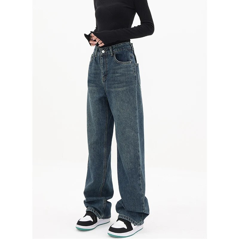 Pantaloni de blugi albaștri Blugi largi pentru femei Blugi neregulați cu talie înaltă, la modă, cu nasturi, blugi cu picioare largi Pantaloni largi Y2K