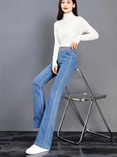 Dámske vintage džínsy s pruhmi, veľké elastické nohavice s vysokým pásom, ležérne džínsové nohavice so zvonovým spodným dielom