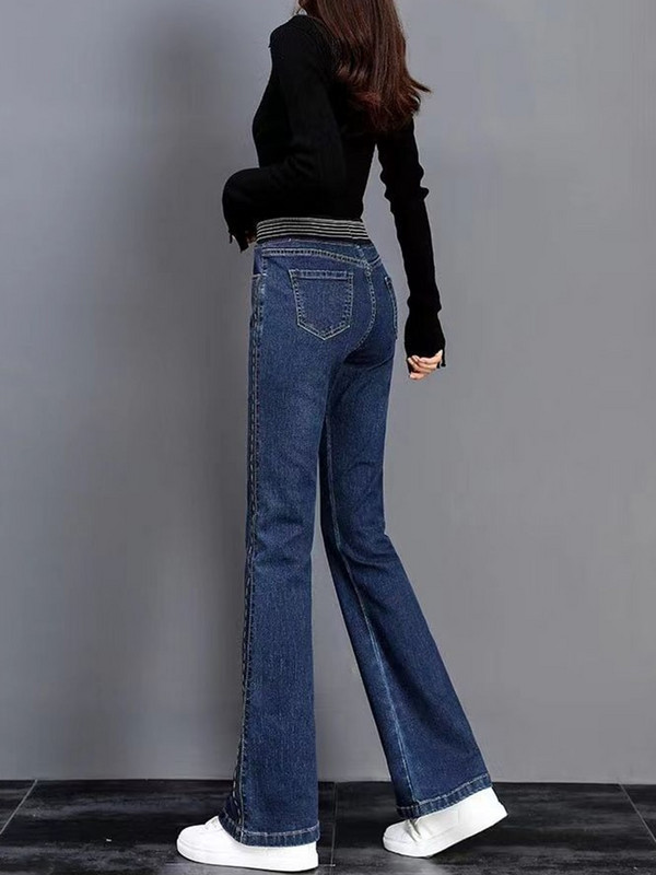 Dámske vintage džínsy s pruhmi, veľké elastické nohavice s vysokým pásom, ležérne džínsové nohavice so zvonovým spodným dielom