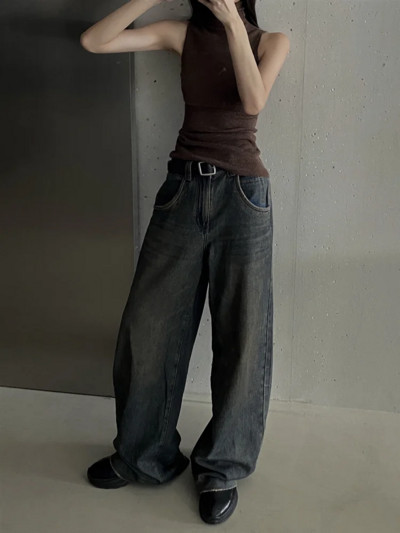 Dámske streetwear džínsy s vysokým pásom v americkom retro štýle, široké nohavice, vrecovité džínsy Y2K