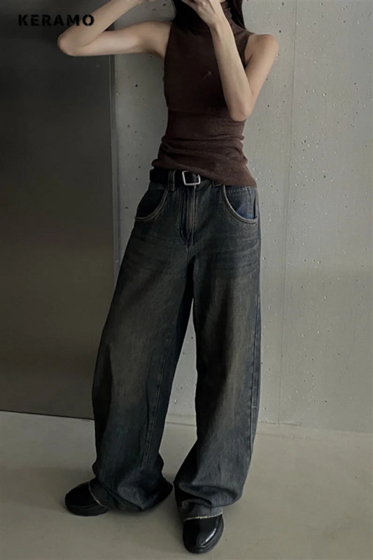 Dámske streetwear džínsy s vysokým pásom v americkom retro štýle, široké nohavice, vrecovité džínsy Y2K