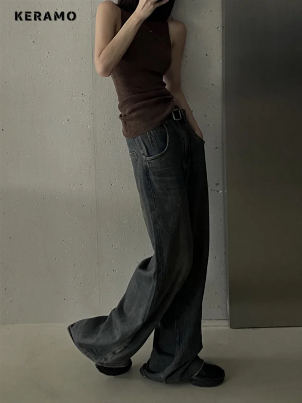 Dámske streetwear džínsy s vysokým pásom v americkom retro štýle, široké nohavice, vrecovité džínsy Y2K