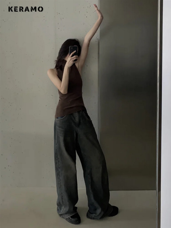 Dámske streetwear džínsy s vysokým pásom v americkom retro štýle, široké nohavice, vrecovité džínsy Y2K