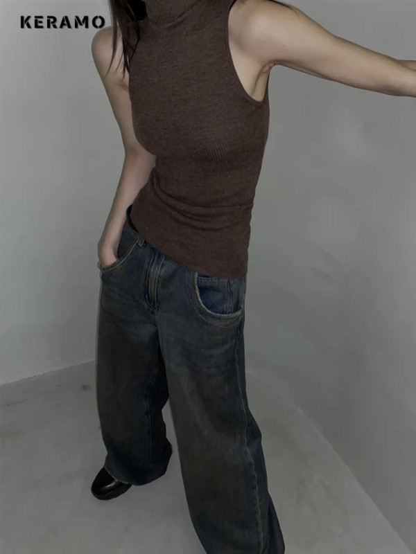 Dámske streetwear džínsy s vysokým pásom v americkom retro štýle, široké nohavice, vrecovité džínsy Y2K