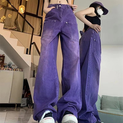 Blugi casual femei Vintage largi, drepti, pantaloni cargo din denim, de strada, simpli, solidi, la modă, american violet, hip hop
