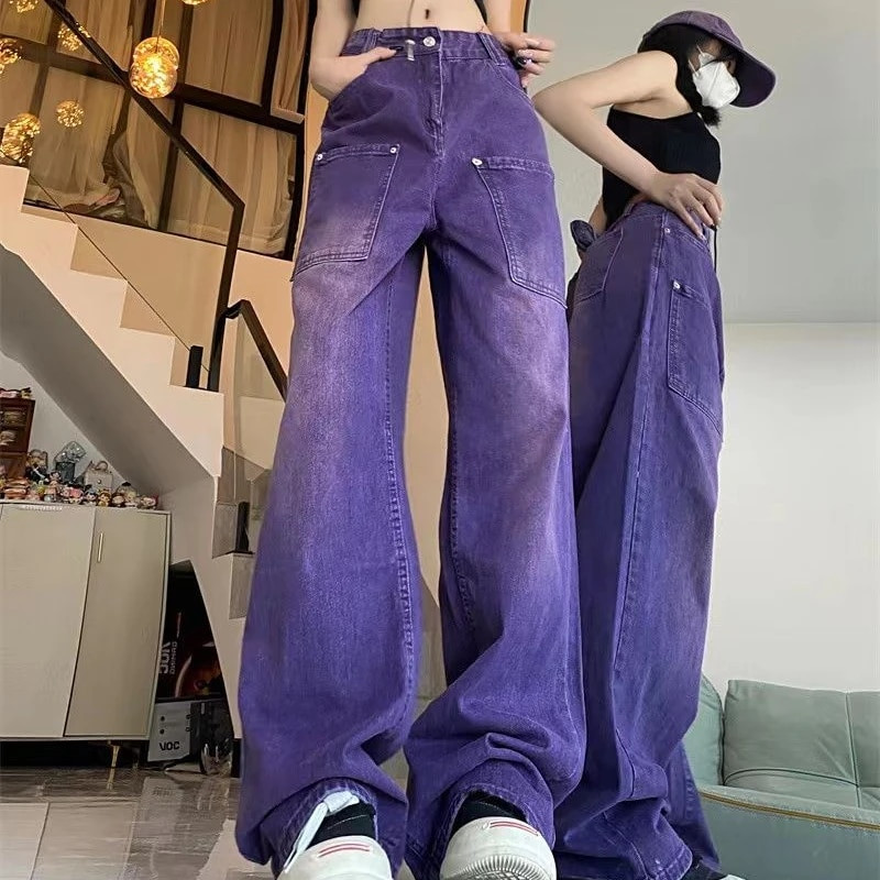 Blugi casual femei Vintage largi, drepti, pantaloni cargo din denim, de strada, simpli, solidi, la modă, american violet, hip hop