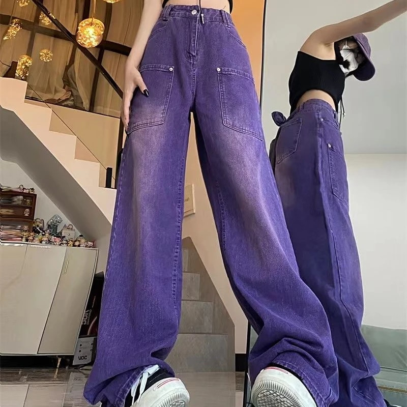 Blugi casual femei Vintage largi, drepti, pantaloni cargo din denim, de strada, simpli, solidi, la modă, american violet, hip hop