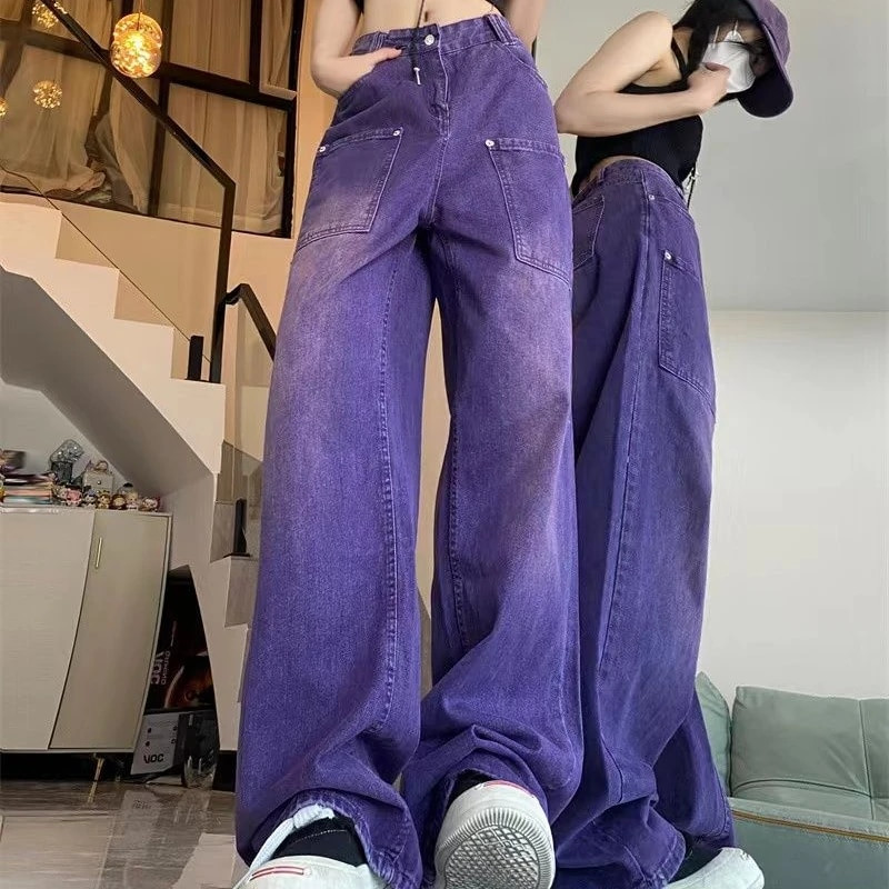 Blugi casual femei Vintage largi, drepti, pantaloni cargo din denim, de strada, simpli, solidi, la modă, american violet, hip hop