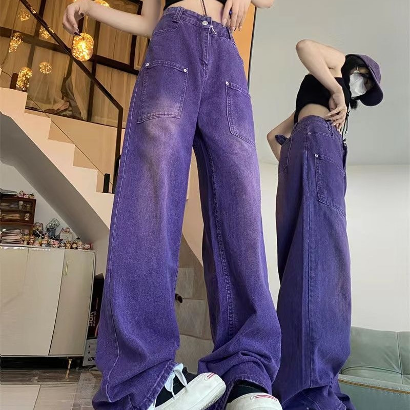 Blugi casual femei Vintage largi, drepti, pantaloni cargo din denim, de strada, simpli, solidi, la modă, american violet, hip hop