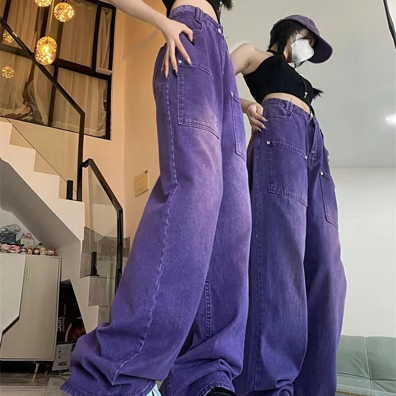 Blugi casual femei Vintage largi, drepti, pantaloni cargo din denim, de strada, simpli, solidi, la modă, american violet, hip hop