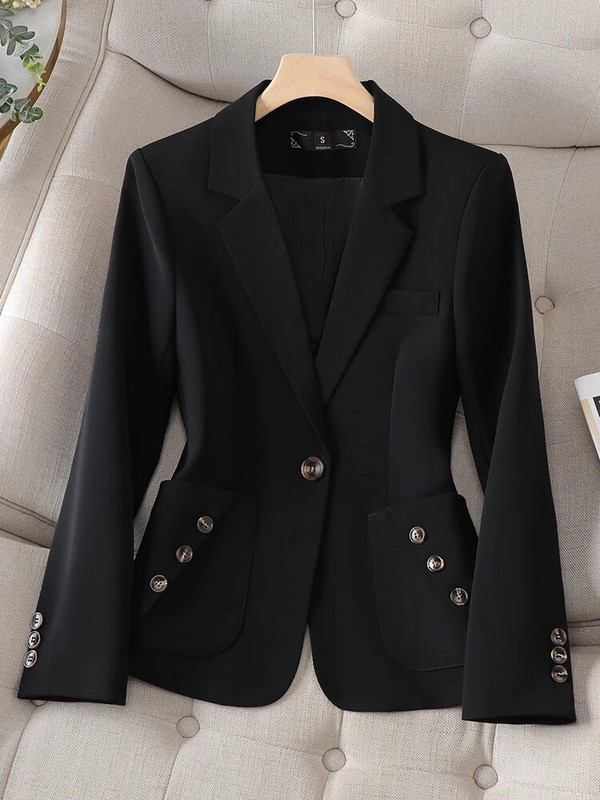 Blazer cu mâneci lungi de birou pentru femei, negru, albastru, alb, pentru femei, îmbrăcăminte de lucru, jachetă formală subțire, pentru toamnă iarnă