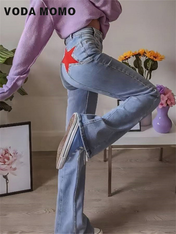 Jesenné vintage európske a americké štýlové nohavice s úzkym strihom, päťcípe hviezdy, rovné dámske rovné široké nohavice