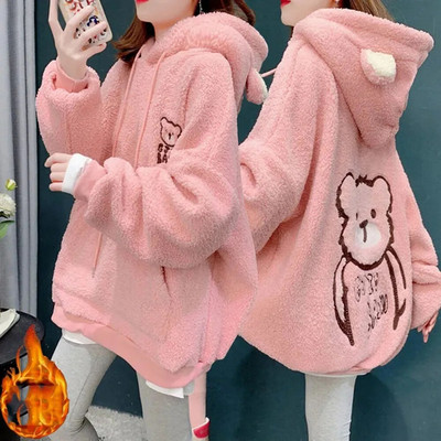 Jesenné a zimné jahňacie mikiny s kapucňou, dámske kawaii plyšové mikiny, ležérne teplé s kapucňou a ušami, dámske roztomilé mikiny s potlačou medveďa
